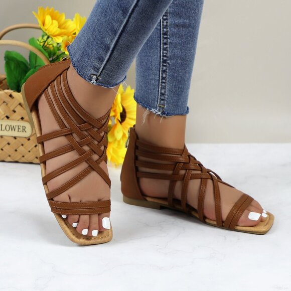 Women's Roman Gladiator Muliti Straped Back Zip Design Flat Heel Sandals Camel - Picture 2 of 5